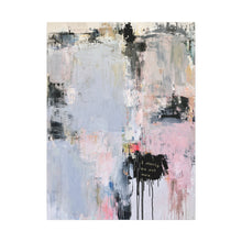 Load image into Gallery viewer, An abstract canvas painting featuring textured brushstrokes of light blue, pink, beige, black, and white, with a small black dripped section containing the handwritten text 'I WOULD GO OUT every'. The painting is centered on a clean white background.