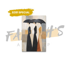 Load image into Gallery viewer, Abstract painting of three figures with umbrellas on a beige background featuring Farrah's Art Shop $281 special