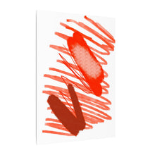 Load image into Gallery viewer, Abstract wall art print featuring bold red and orange-red brushstrokes on a white background, shown as a vertical rectangular canvas with a slight perspective tilt.