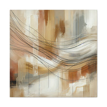 Load image into Gallery viewer, A canvas wall art featuring an abstract design with earthy beige, taupe, and creamy white hues with gold highlights.