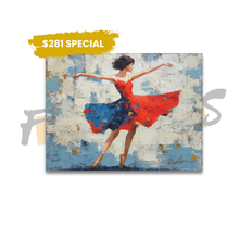 Load image into Gallery viewer, Painting of a dancer in a red and blue dress on a textured background