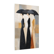 Load image into Gallery viewer, Abstract art print of three figures holding black umbrellas against a textured background