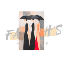 Load image into Gallery viewer, three women in neutral with black umbrellas walking on canvas