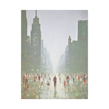 Load image into Gallery viewer, Cityscape with tall gray buildings and neutral skies and red people