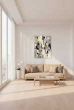 Load image into Gallery viewer, Abstract art piece on a wall above a white cabinet with decor items.