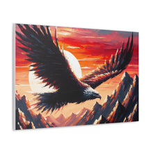Load image into Gallery viewer, A canvas wall art featuring a majestic eagle gliding over rugged peaks with a sunset in the background.