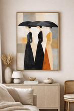 Load image into Gallery viewer, Abstract art piece of three figures with an umbrella in a living room setting.