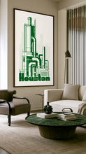 Load image into Gallery viewer, Vintage Green Houston Industrial "Oil City" Art Illustrative Graphic Print Canvas Wall Art