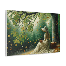 Load image into Gallery viewer, A canvas wall art depicting a serene figure in a flowing gown sitting beneath a tree with autumn leaves falling around.