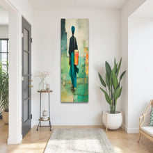 Load image into Gallery viewer, Painting of a person with a lantern on a wall in a room with plants and a rug.