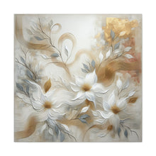 Load image into Gallery viewer, A canvas wall art piece featuring a contemporary floral-inspired design with whites, creams, and soft gold accents on a neutral background.