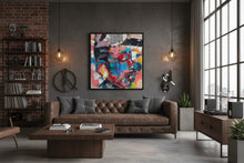 Load image into Gallery viewer, Red and Pink abstract art hanging on a wall in an exquisitely designed industrial bachelor pad featuring colors of bold brown and gray.
