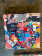 Load image into Gallery viewer, A square colorful canvas abstract portrait colored in pink, red, yellow, blue, black and grays.