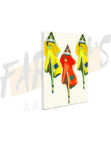Load image into Gallery viewer, A canvas art panel titled 'Runway Flame' featuring a colorful geometric pattern with reds, yellows, and oranges.