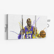 Load image into Gallery viewer, A set of three canvas panels featuring a stylized, colorful illustration of Kobe Bryant in Lakers uniform playing basketball.
