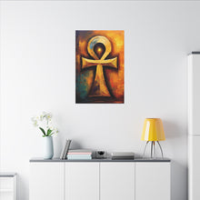 Load image into Gallery viewer, Bright Yellow and Bold Teal Sun-born Ankh Heaven Canvas Wall Art
