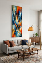 Load image into Gallery viewer, A canvas print featuring an abstract design with vivid blue and fiery orange hues.
