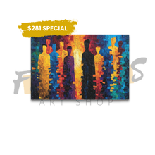 Load image into Gallery viewer, Colorful abstract painting of silhouettes with a yellow banner displaying '$281 Special' on a white background.
