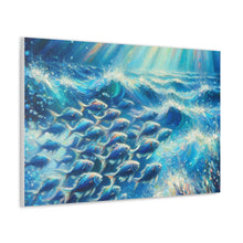 Load image into Gallery viewer, A canvas wall art piece featuring a vibrant depiction of a school of fish in an aquatic environment with blue and green colors.
