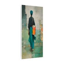 Load image into Gallery viewer, Artistic depiction of a person in teal clothing holding a drum against a textured background
