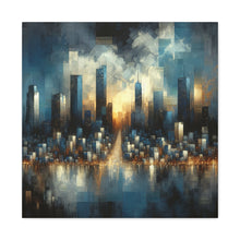 Load image into Gallery viewer, Abstract cityscape canvas wall art featuring deep blue, charcoal, and metallic silver tones with gold accents, depicting a modern skyline at dusk.
