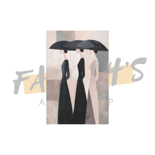 Load image into Gallery viewer, Abstract art print of three figures holding umbrellas with a neutral color palette.
