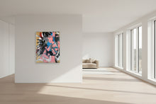 Load image into Gallery viewer, Pink Blue and Black Abstract Contemporary painting with gold background
