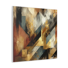 Load image into Gallery viewer, A canvas wall art featuring an abstract design with earthy tones, including ochre, burnt sienna, dark charcoal, and gold streaks.
