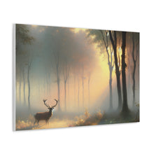 Load image into Gallery viewer, A canvas wall art depicting a misty forest scene with a stag in the foreground, surrounded by trees with a warm, golden light.
