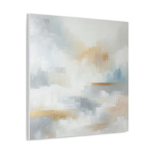 Load image into Gallery viewer, A canvas wall art featuring an abstract design with layered textures in soft whites and muted metallic tones.

