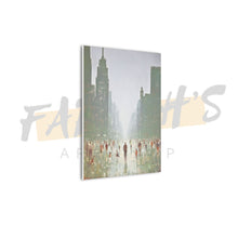 Load image into Gallery viewer, Cityscape with tall gray buildings and neutral grey skies and red people 

