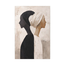 Load image into Gallery viewer, Artistic depiction of two profiles, one in black and the other in white, against a textured beige background.
