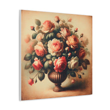 Load image into Gallery viewer, A canvas wall art print featuring a vintage-style floral arrangement with roses in shades of pink and green, in a classic urn vase.
