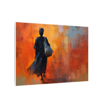 Load image into Gallery viewer, Artistic depiction of a person walking with a blue bag against an abstract background
