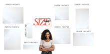 Load image into Gallery viewer, Wall Art Size chart for different photo dimensions with a woman standing between them.
