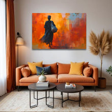 Load image into Gallery viewer, Living room with an orange sofa, two coffee tables, and a colorful abstract painting on the wall.
