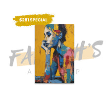 Load image into Gallery viewer, Colorful abstract painting with text overlay on a white background
