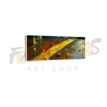 Load image into Gallery viewer, Painting of a yellow flower on a table with a glass bottle, displayed by F&amp;S Art Shop.
