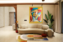 Load image into Gallery viewer, Abstract contemporary canvas wall art featuring a colorful minimalist face design in blue, yellow, and red tones.

