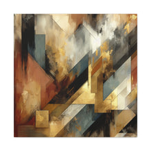 Load image into Gallery viewer, A canvas wall art featuring an abstract design with earthy tones, including ochre, burnt sienna, dark charcoal, and gold streaks.
