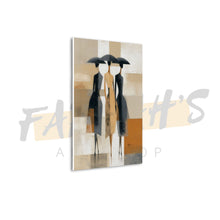 Load image into Gallery viewer, Abstract art print of three figures with umbrellas on a beige background
