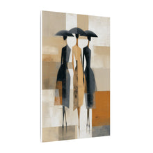Load image into Gallery viewer, Abstract art print of three women figures under umbrellas on a geometric background
