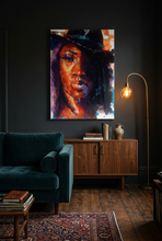 Load image into Gallery viewer, Southern Heat purple cowgirl portrait canvas wall art glowing on a deep charcoal wall in a moody living room
