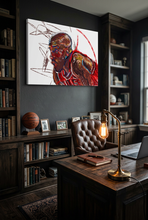 Load image into Gallery viewer, Michael Jordan 23 canvas wall art hanging above a dark wood desk in a man cave home office
