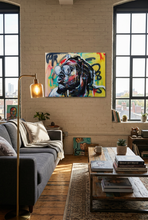 Load image into Gallery viewer, Maybe I Shouldn't urban yellow abstract canvas wall art hanging on a light brick wall in a modern loft living room
