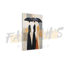 Load image into Gallery viewer, Abstract art print of two figures under black umbrellas with a neutral color palette.
