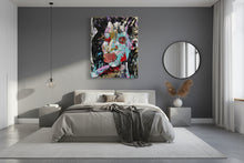 Load image into Gallery viewer, Abstract art piece hanging on a wall in a grey contemporary bedroom with a mix of pastel colors on a textured canvas surface
