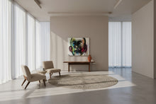 Load image into Gallery viewer, Modern living room with a colorful abstract painting on the wall, two chairs, and a coffee table.
