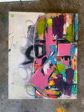 Load image into Gallery viewer, A canvas wall art print with abstract geometric patterns in bright colors, predominantly pink and green, with black accents.
