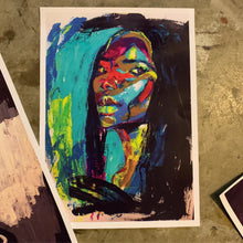 Load image into Gallery viewer, A canvas print featuring an abstract portrait with a predominantly turquoise and blue color palette, depicting a woman's face.
